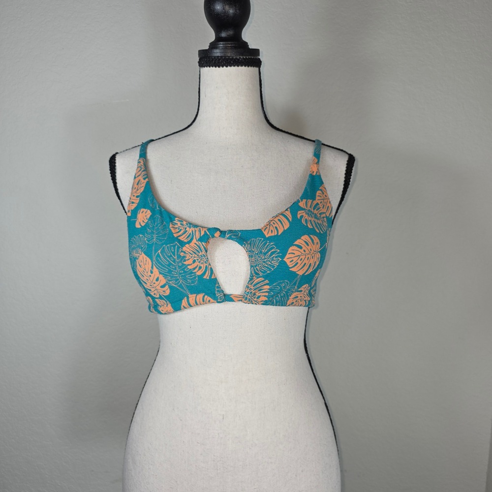 Teal Tropical Print Keyhole Bikini Top